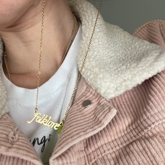 SOLD Taylor Swift Folklore Necklace  Album Gold Handwriting Script Text - Picture 5 of 6